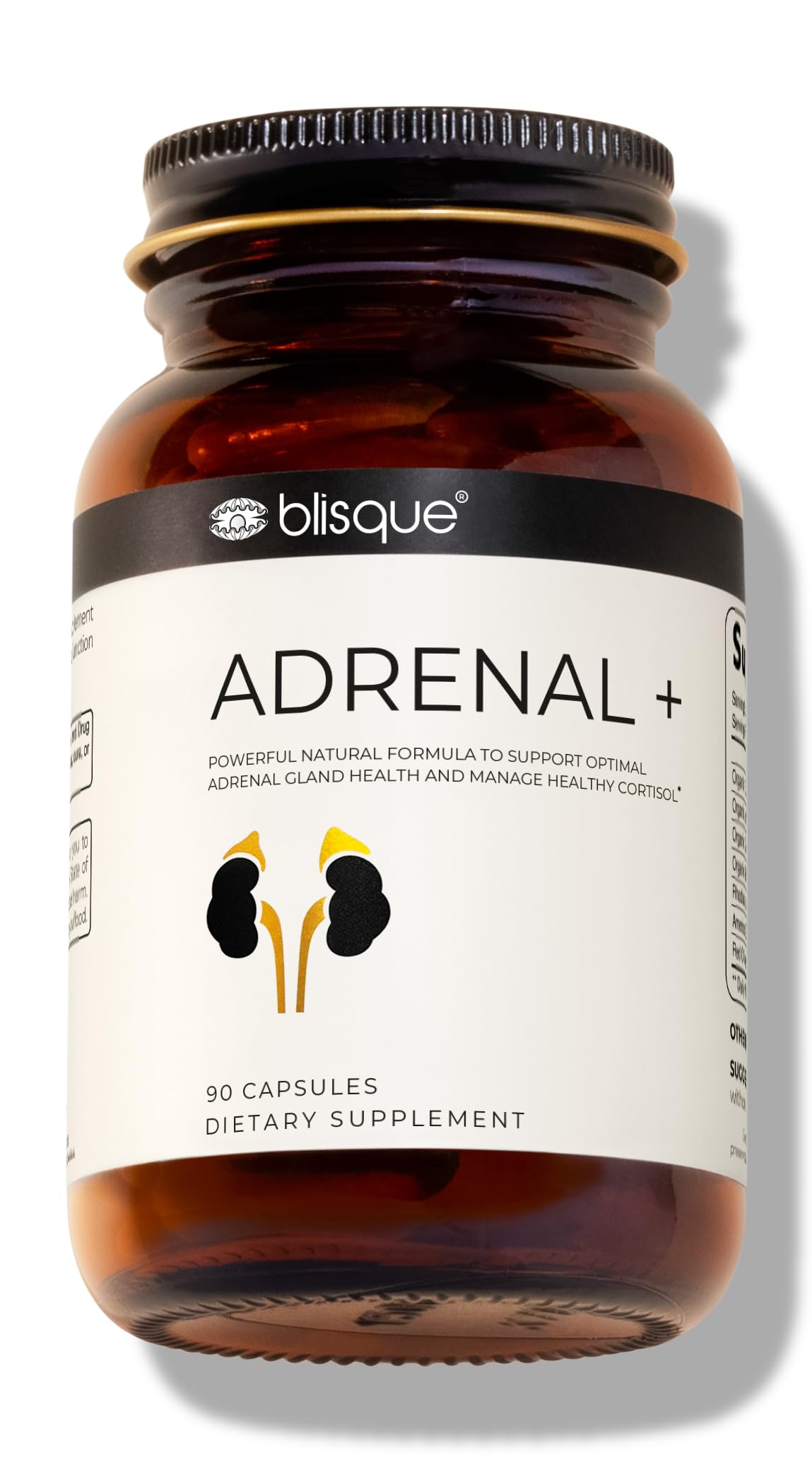 Blisque Adrenal + bottle front indicating natural energy support and adrenal health
