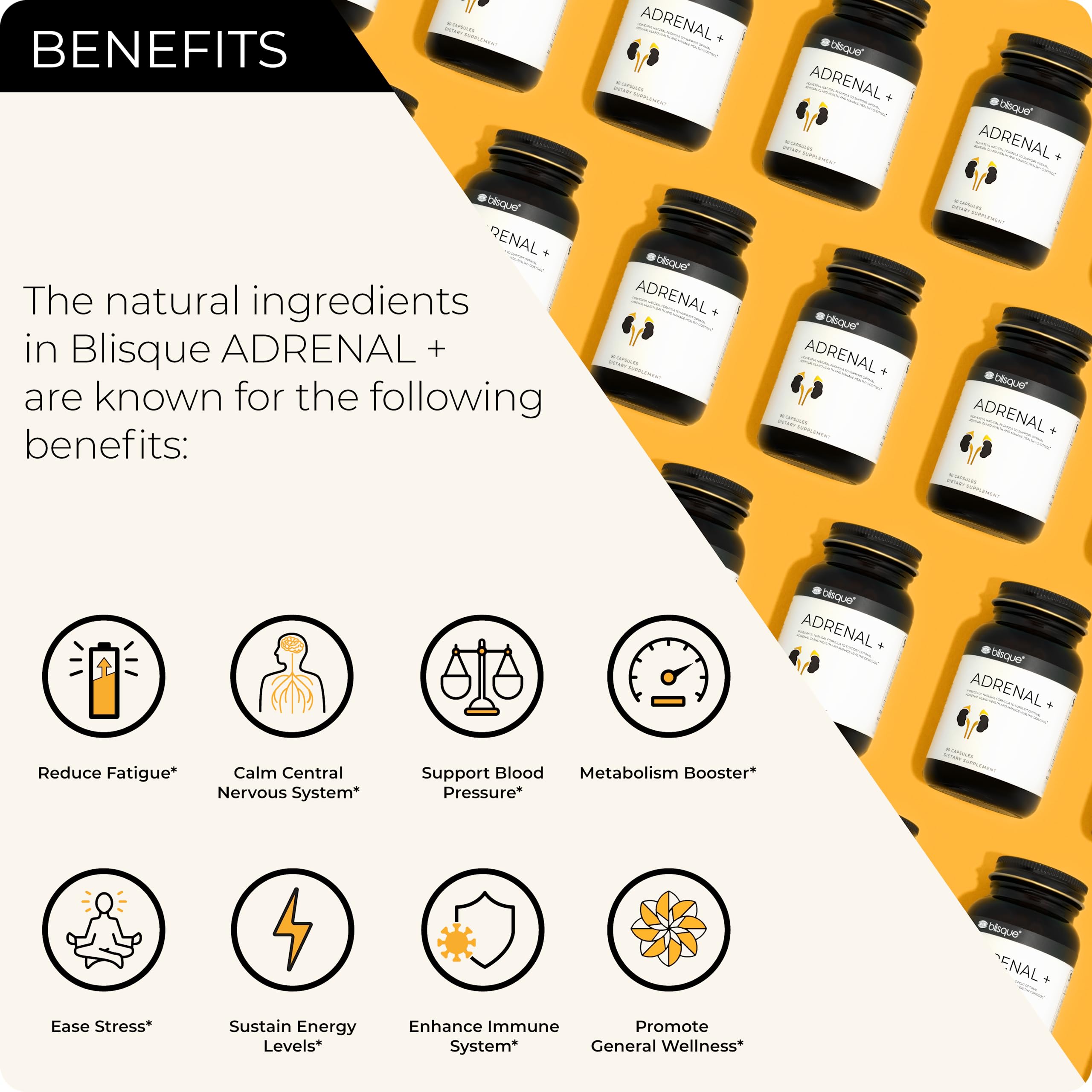 Blisque Adrenal + capsules close-up showing vegan capsules for clean formula