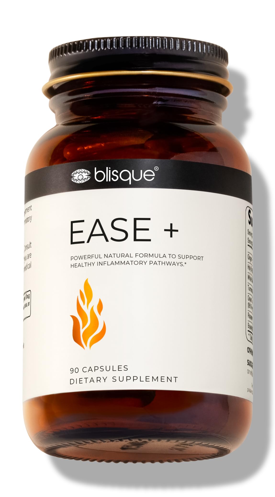 Blisque EASE+ bottle and label showing premium inflammation support capsules for daily use
