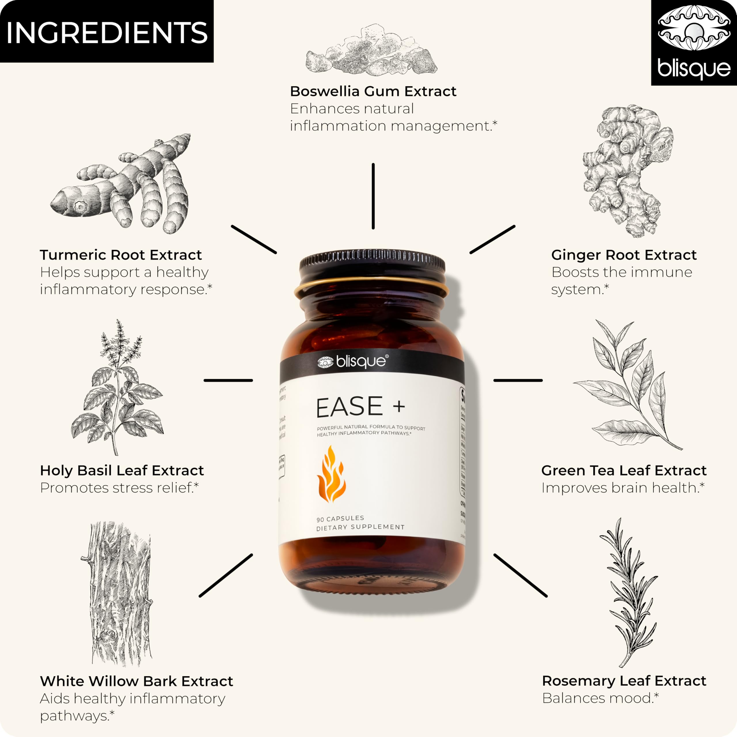 Blisque EASE+ ginger root slices illustrating immune-friendly herbal ingredients