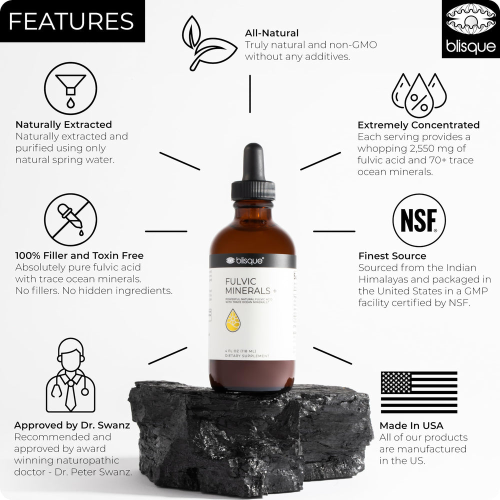 Close-up of Blisque Fulvic Minerals drops showing mineral-rich solution