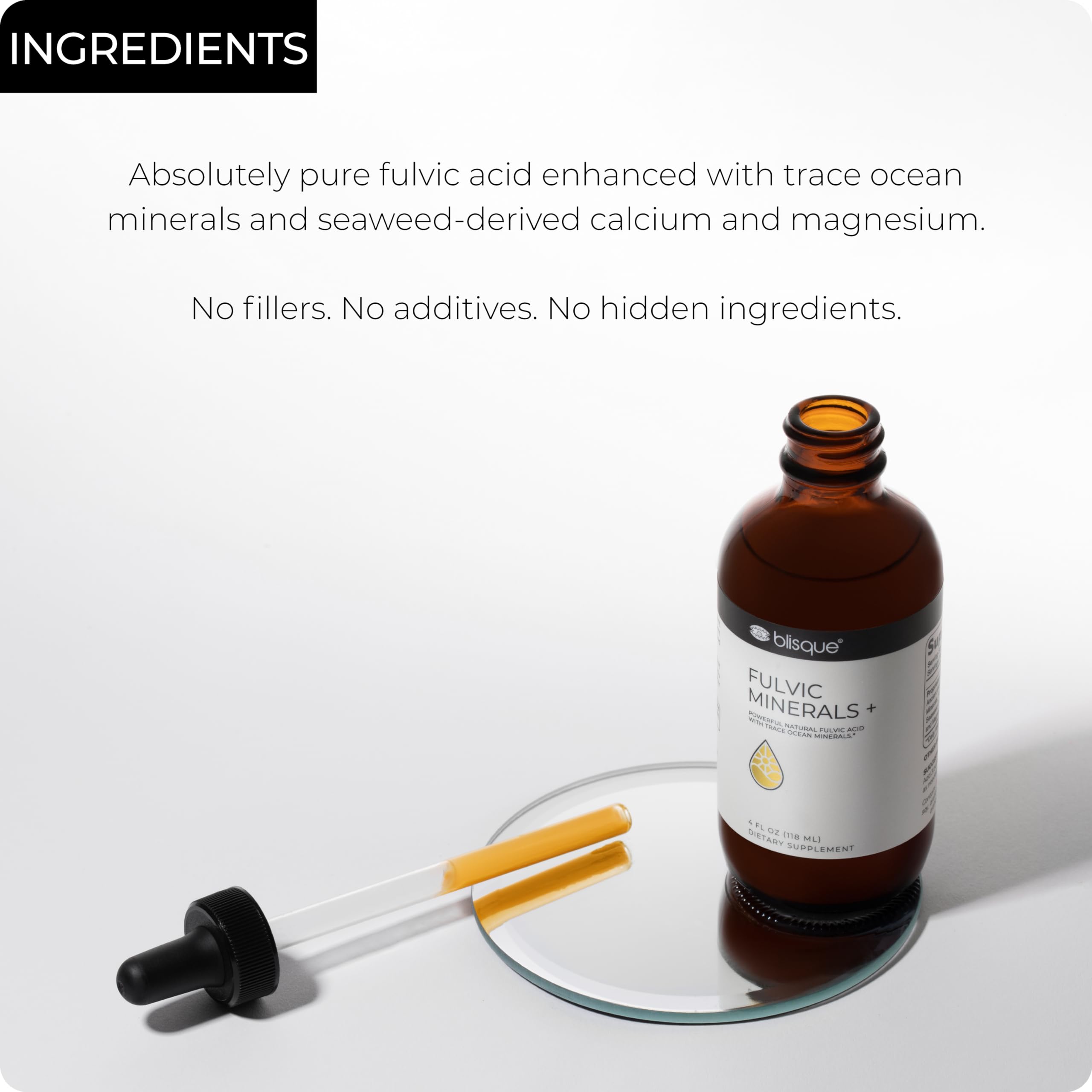 Label close-up highlighting fulvic and humic acids and trace minerals