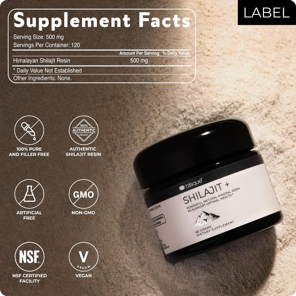 Blisque Himalayan Shilajit resin packaging and label indicating 60 grams.