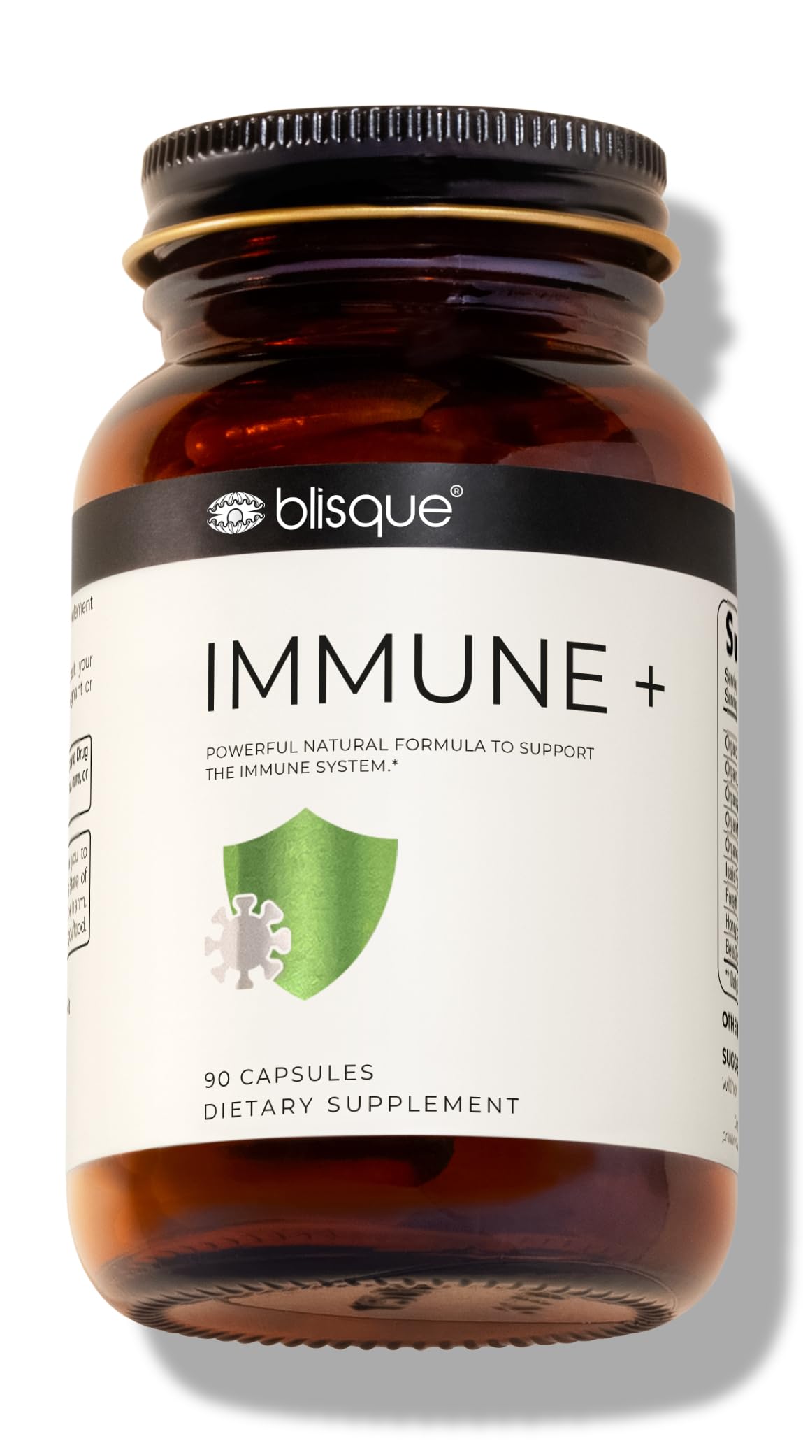 Blisque IMMUNE+ bottle front signaling year-round immune support for daily wellness