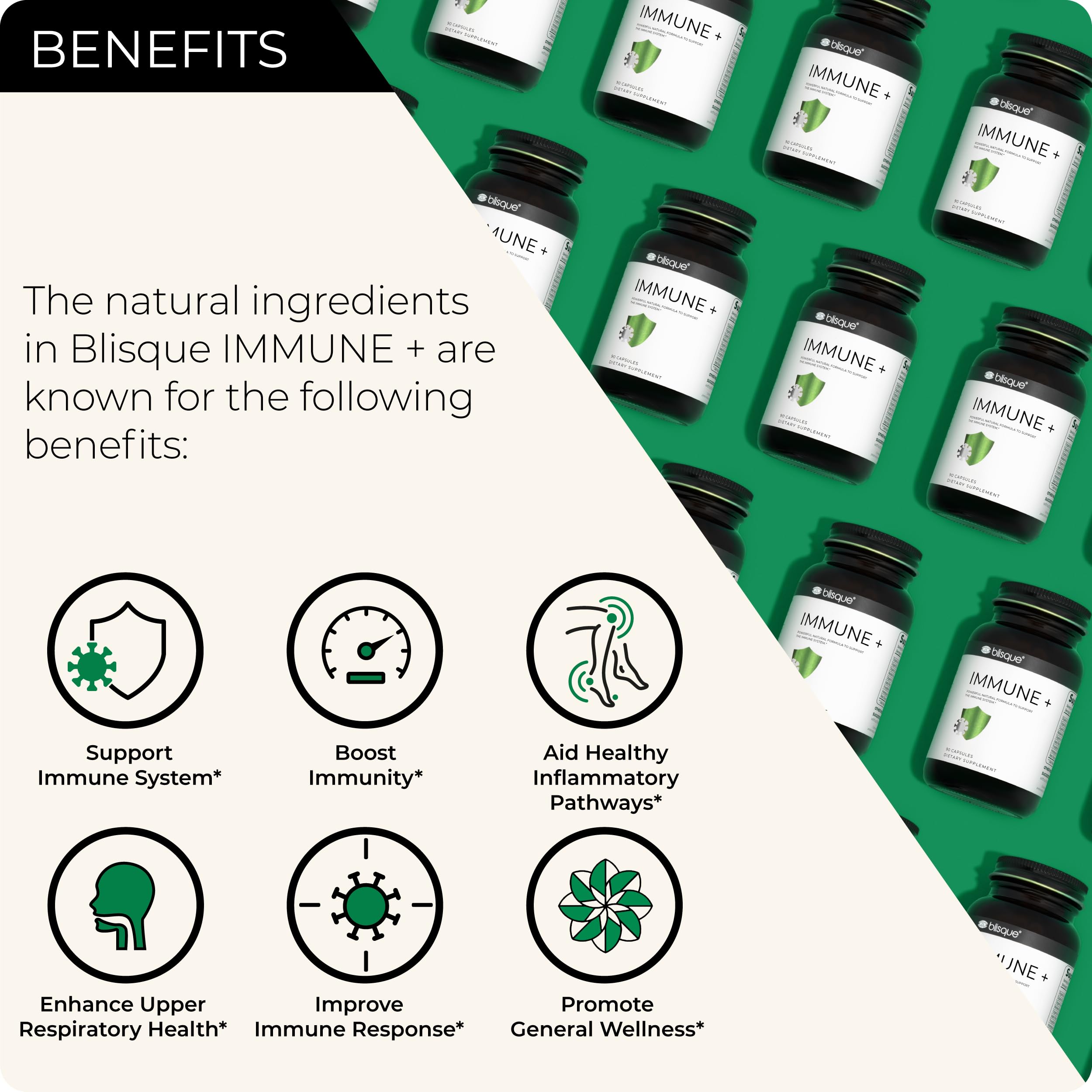Blisque IMMUNE+ bottle label close-up highlights organic, vegan ingredients