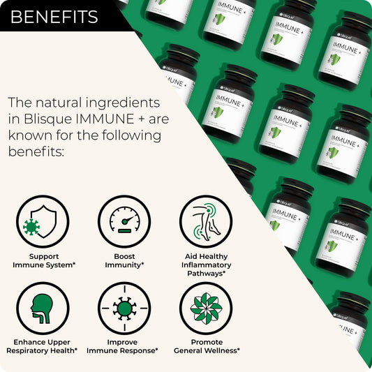 Blisque IMMUNE+ bottle label close-up highlights organic, vegan ingredients