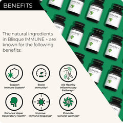 Blisque IMMUNE+ bottle label close-up highlights organic, vegan ingredients