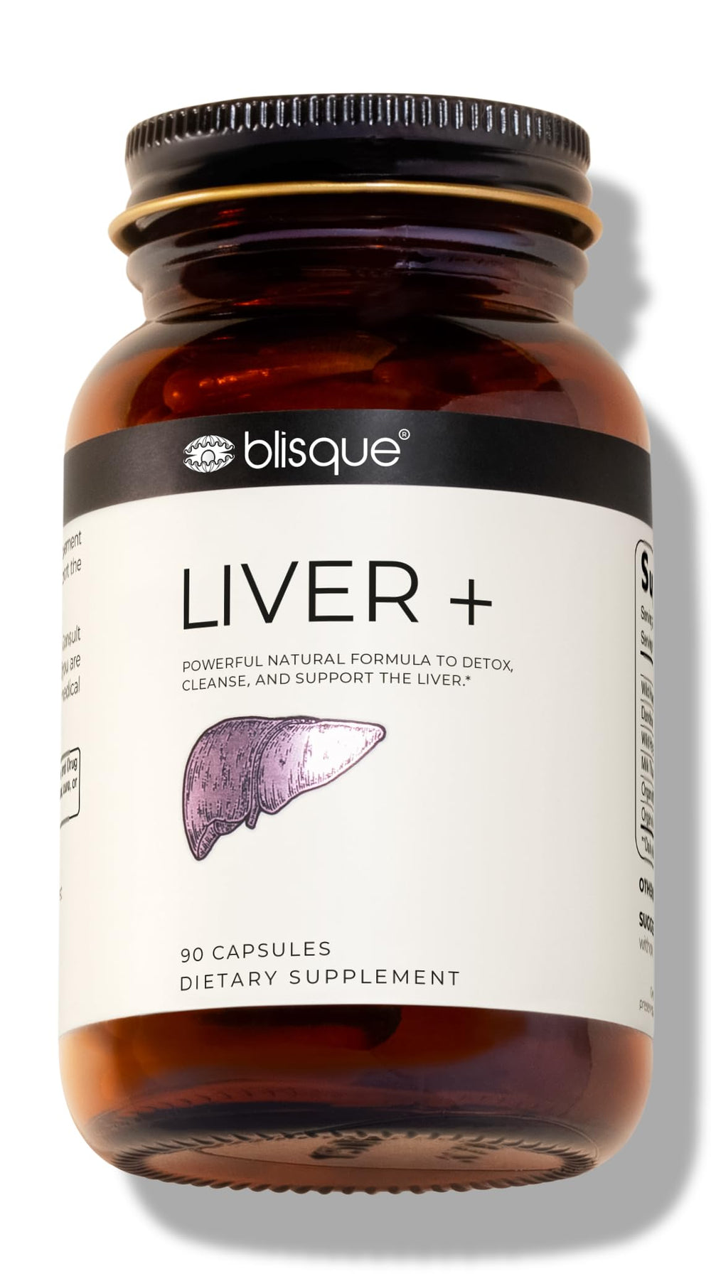 Blisque LIVER + bottle front shows a premium detox supplement for daily liver support