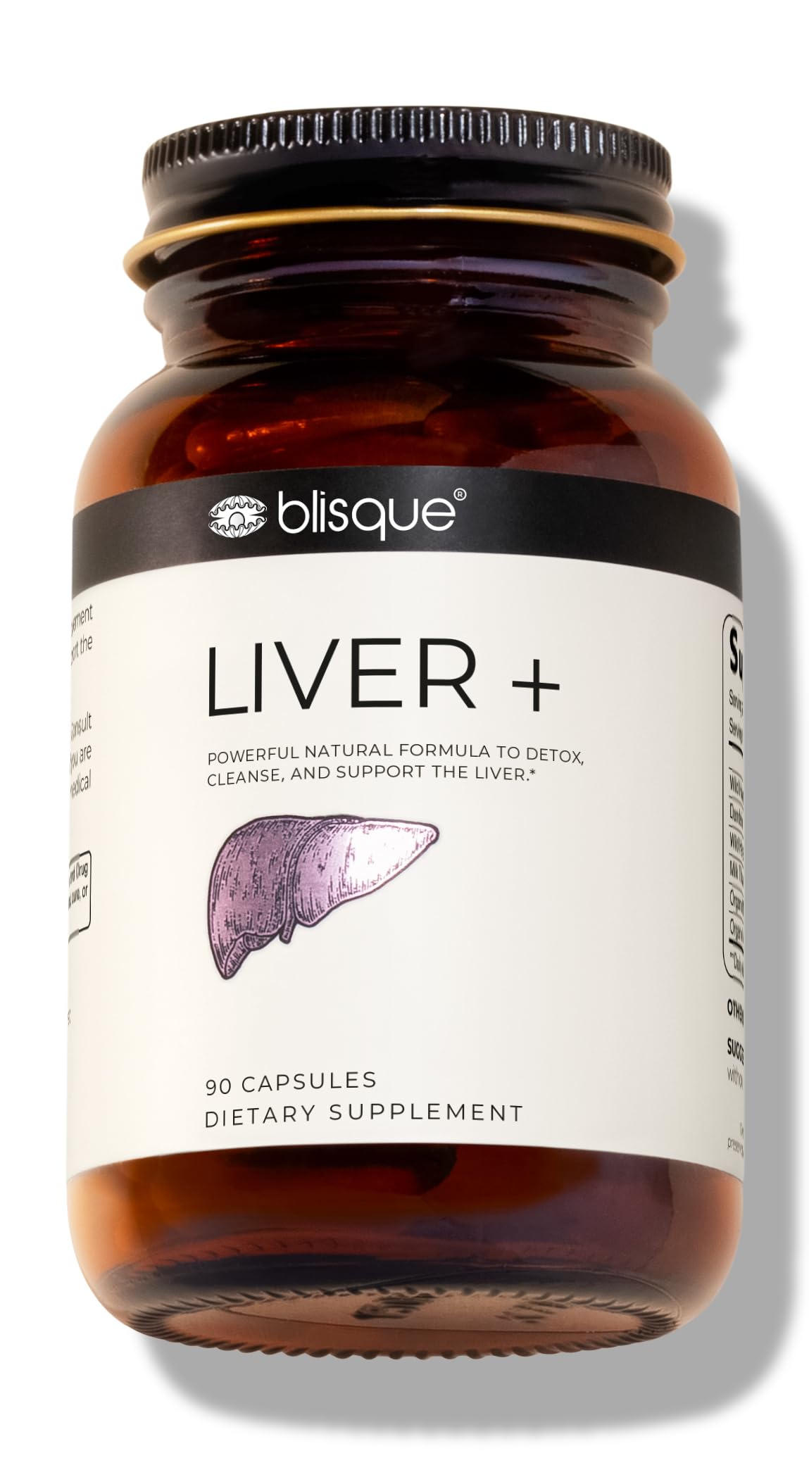 Blisque LIVER + bottle front shows a premium detox supplement for daily liver support