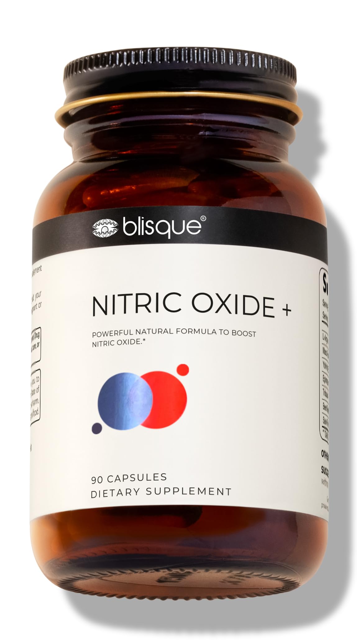 Blisque Nitric Oxide bottle label highlighting circulation support and natural ingredients