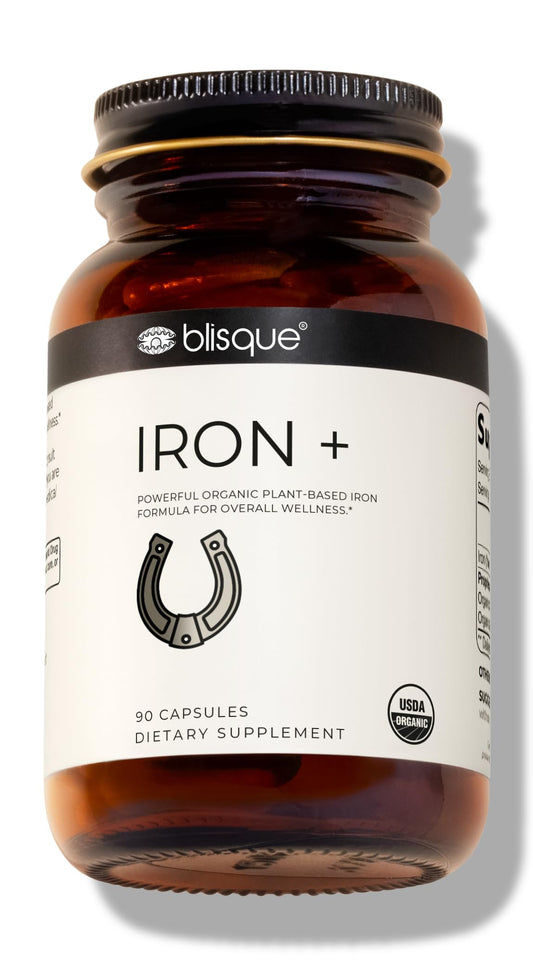 Blisque organic iron bottle shows plant-based iron for daily energy support.
