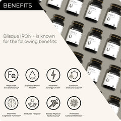 Blisque organic iron capsules close-up highlighting whole food source.