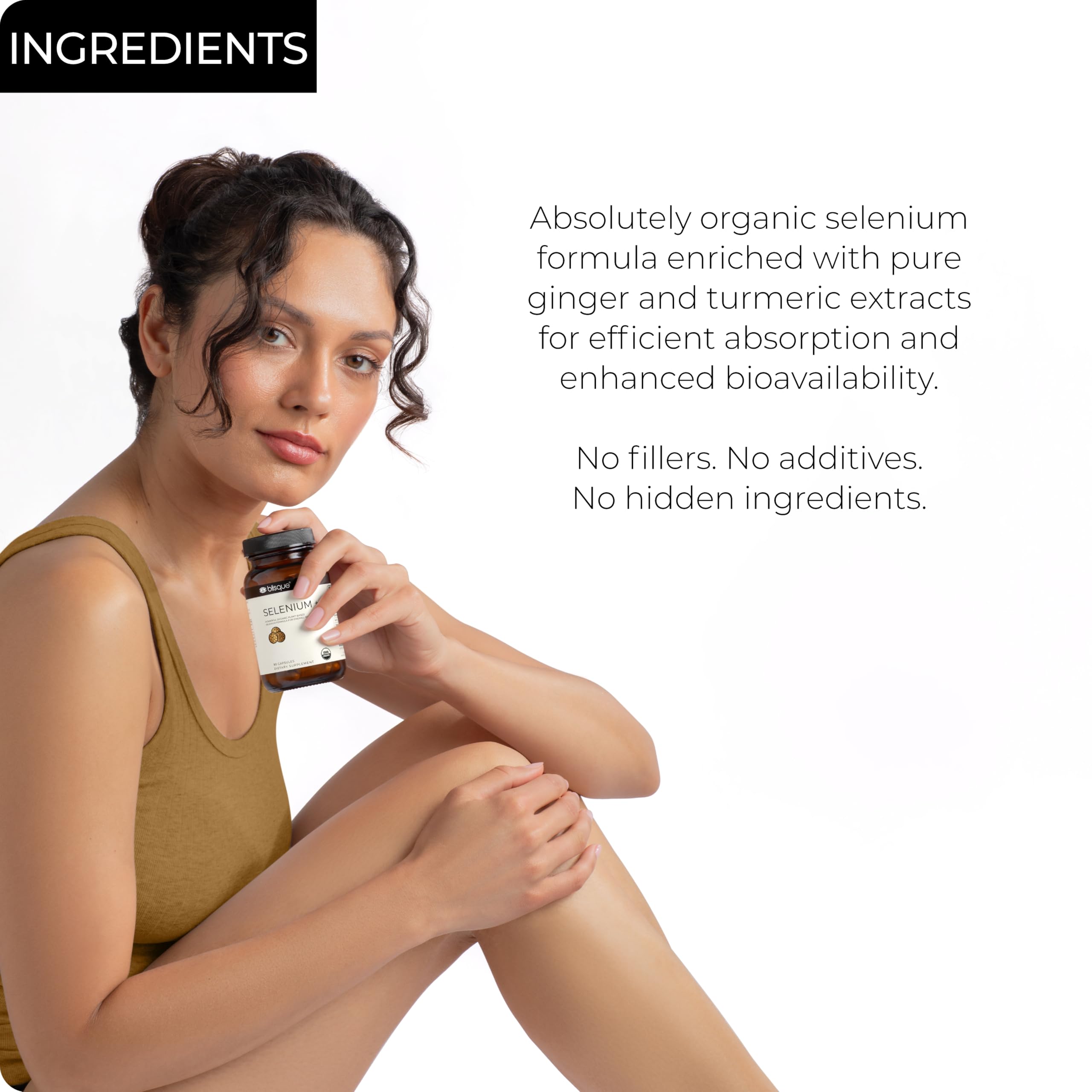 Blisque organic selenium bottle label highlighting plant-based ingredients.