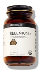 Blisque organic selenium bottle with mustard seeds for thyroid support.