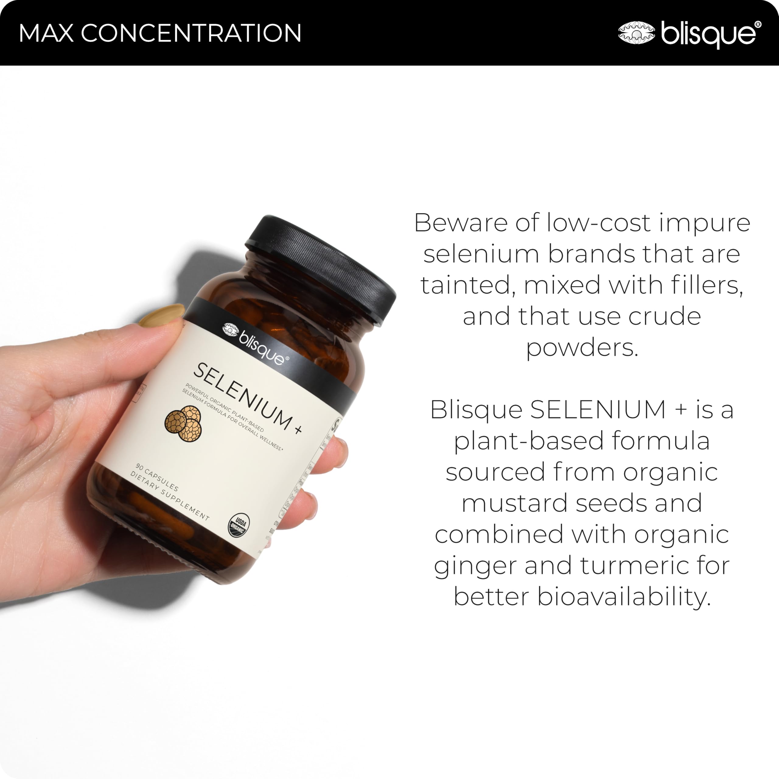 Blisque packaging emphasizes organic mustard seeds and turmeric-ginger extracts.