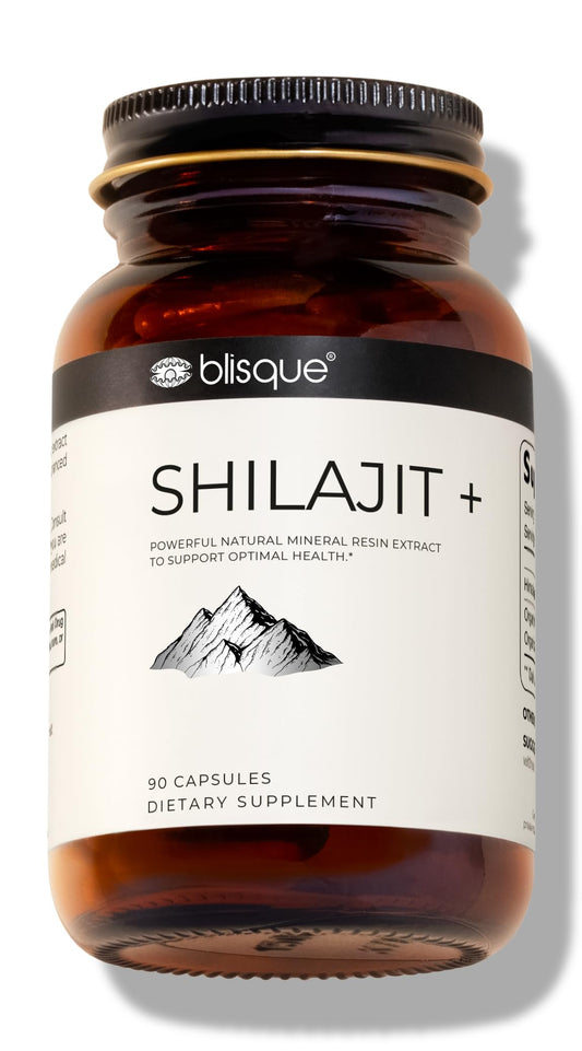 Blisque Shilajit capsules in amber bottle offer daily energy support.