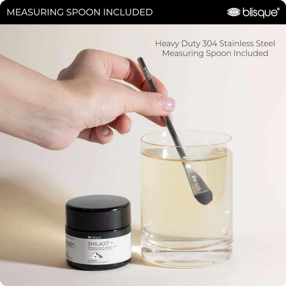 Blisque Shilajit resin bottle dispense highlights easy daily use.