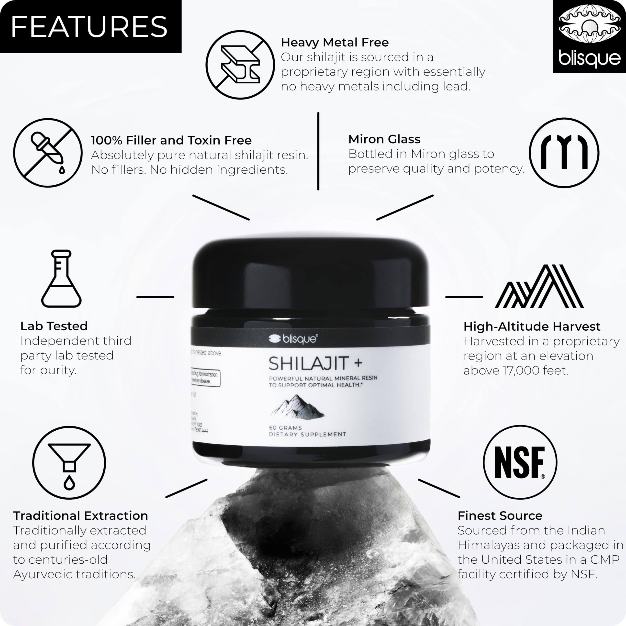 Blisque Shilajit resin dropper top against natural wood background suggests easy dosing for daily use.