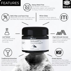 Blisque Shilajit resin dropper top against natural wood background suggests easy dosing for daily use.