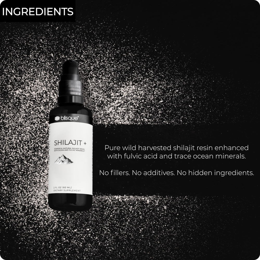 Blisque Shilajit resin close up highlights fulvic acid content and mineral richness