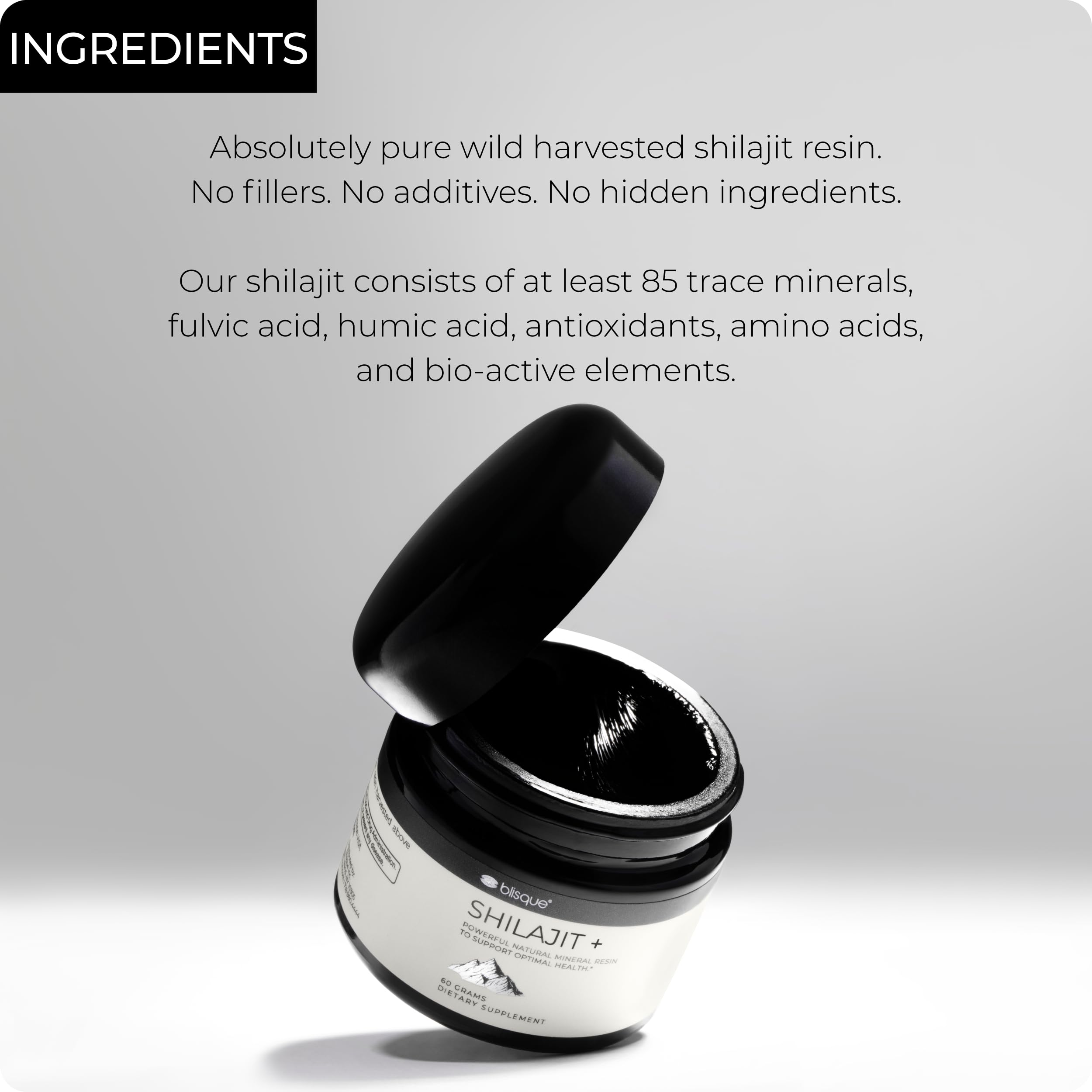 Blisque Shilajit resin texture close-up highlighting fulvic acid richness for antioxidant support.