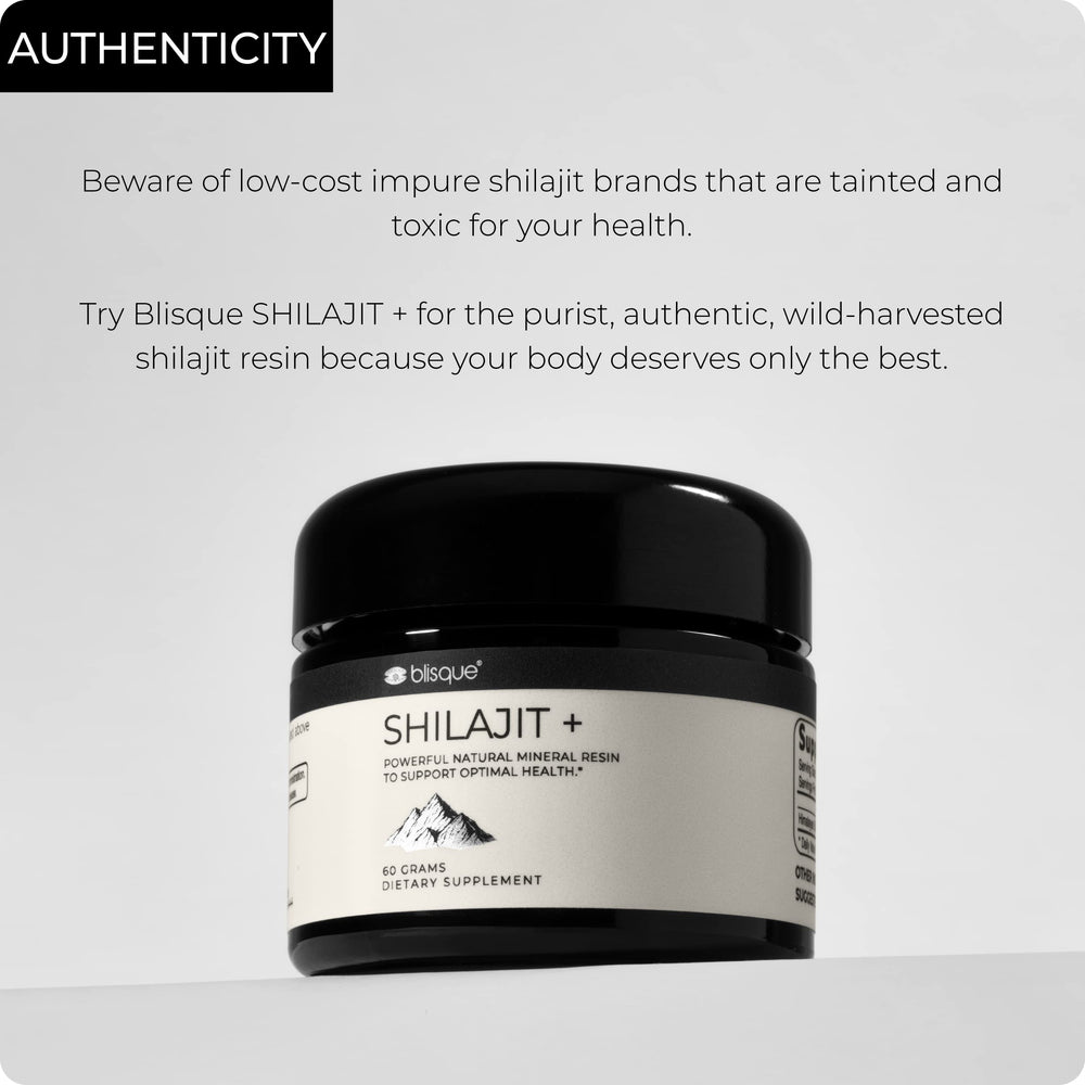 Blisque Shilajit resin in glass jar with natural wellness ritual vibes for daily balance.