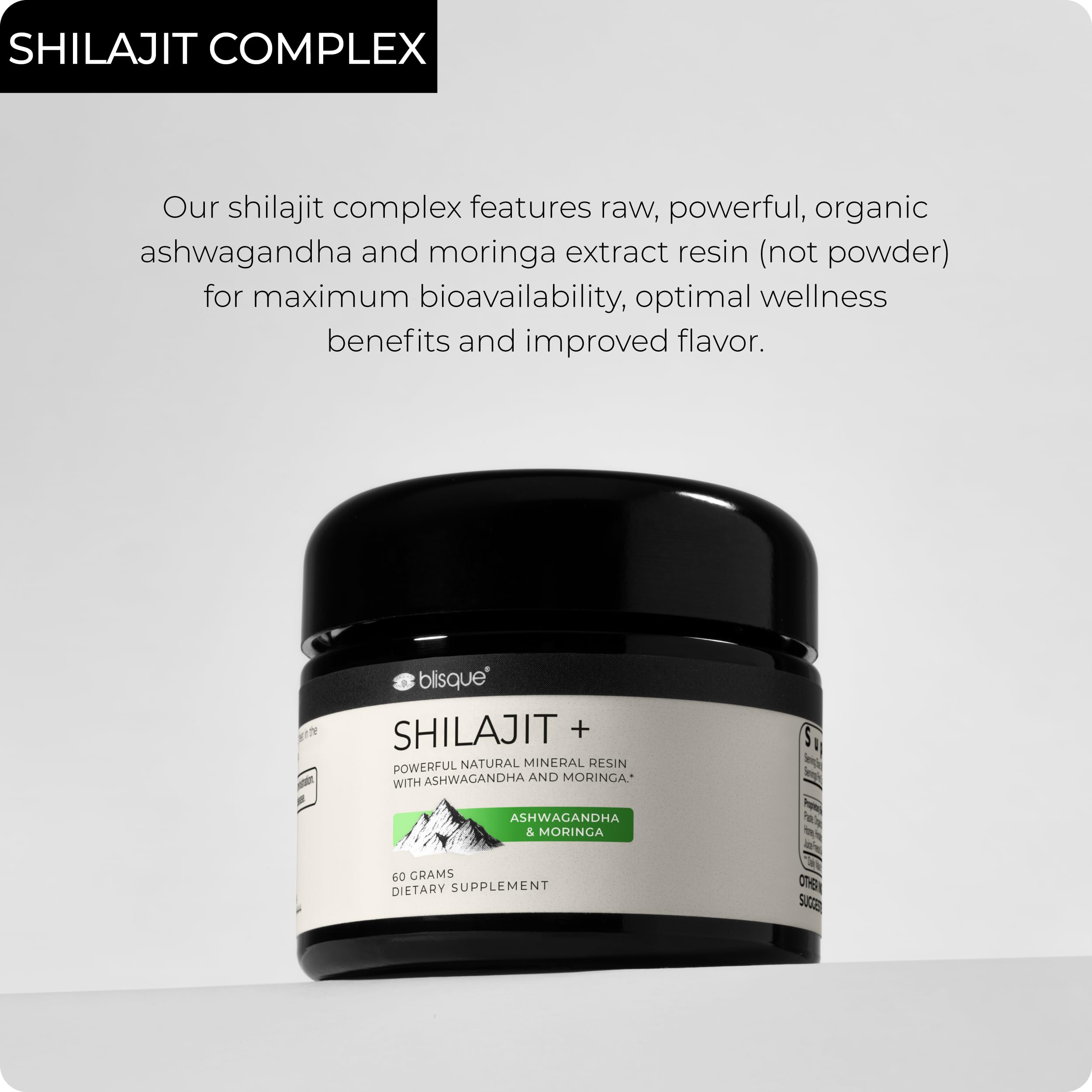 Blisque Shilajit resin packaging label with minerals and ingredients