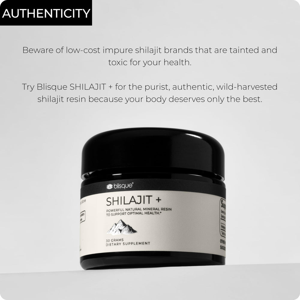 Blisque Shilajit resin label close-up communicates authenticity and quality.