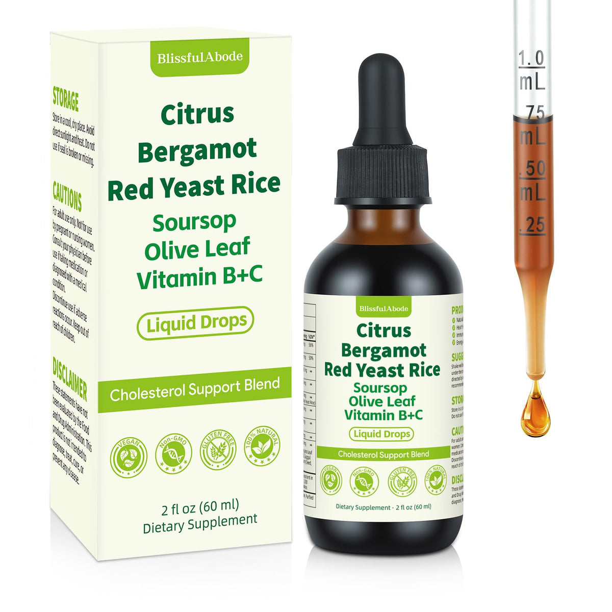 BlissfulAbode Red Yeast Rice Drops bottle for convenient daily heart-support use.