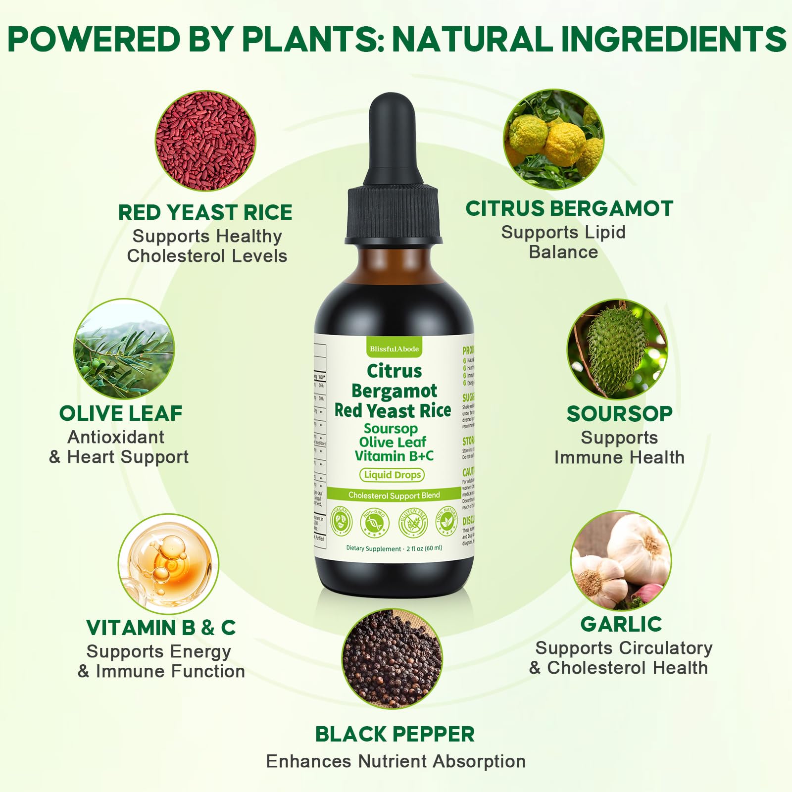 BlissfulAbode Red Yeast Rice Drops ingredients panel emphasizes citrus and botanicals.