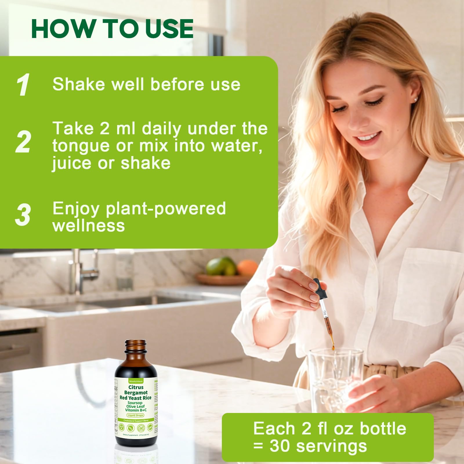 BlissfulAbode Red Yeast Rice Drops measuring shows a precise 2 ml dose.