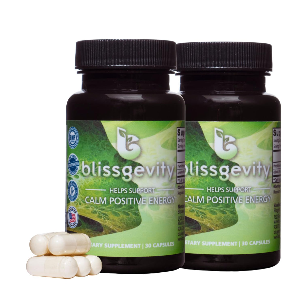 Blissgevity bottle front view supports mood and focus.