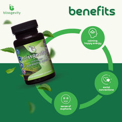 Blissgevity packaging box highlighting natural mood lift and stress relief.
