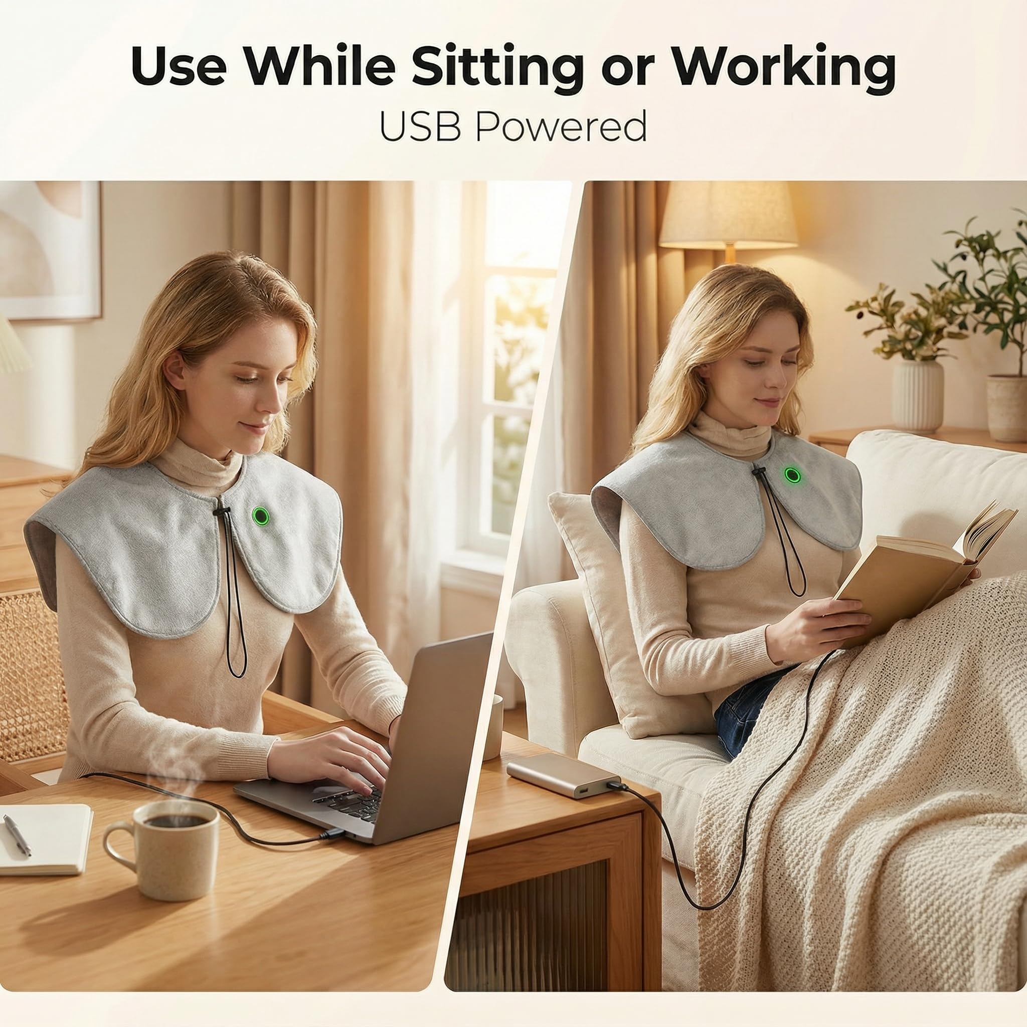 Blixno heated wrap on a desk demonstrating easy office warmth