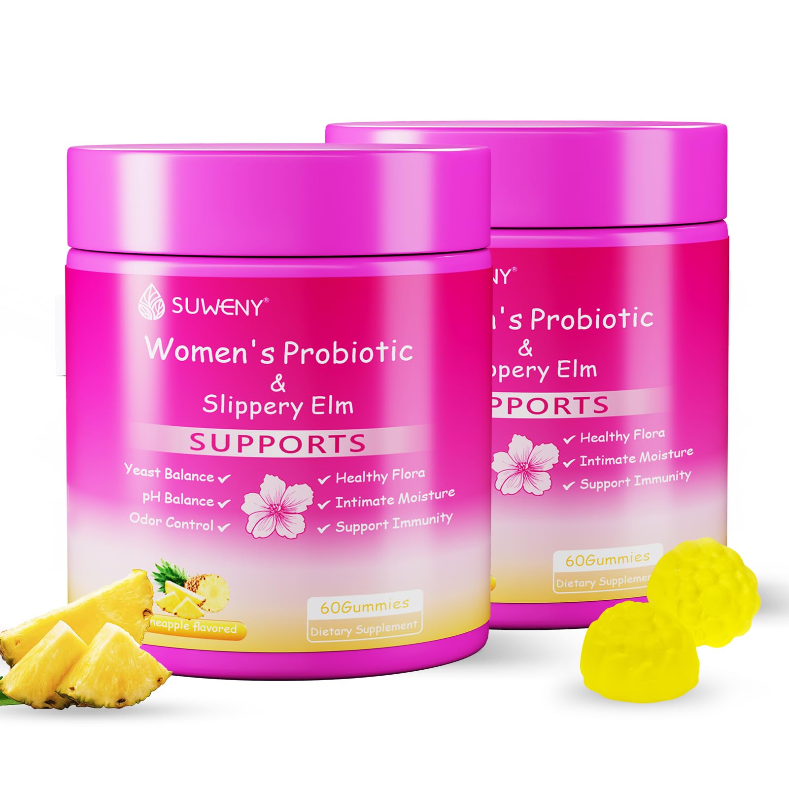 Blltzzz Her Juicy Feminine Probiotics Gummies bottle showing pineapple flavor and vegan formula.