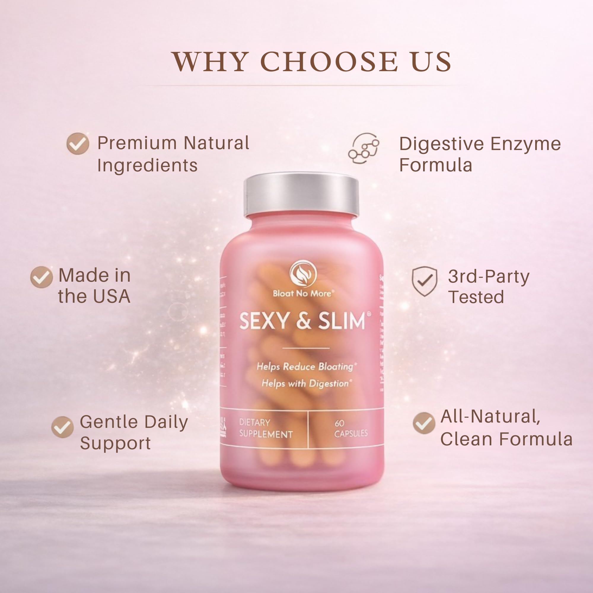 Bloat No More capsules being poured for easy post-meal support.