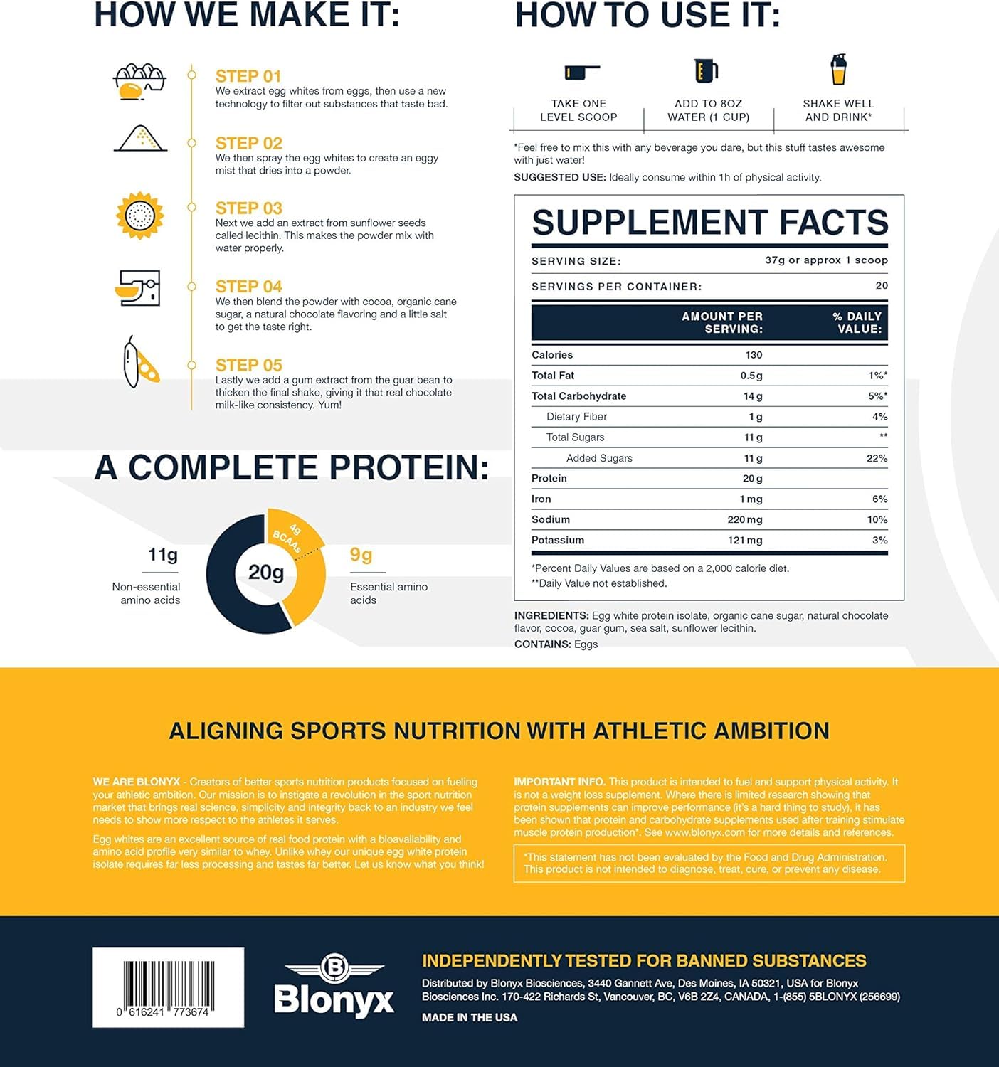 Blonyx nutrition label highlights 20 g protein per serving for daily goals