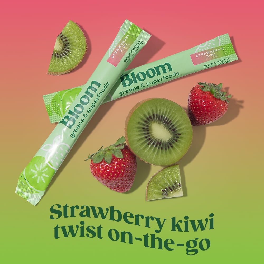 Bloom Nutrition glass with strawberry kiwi powder dissolving for a refreshing daily drink.