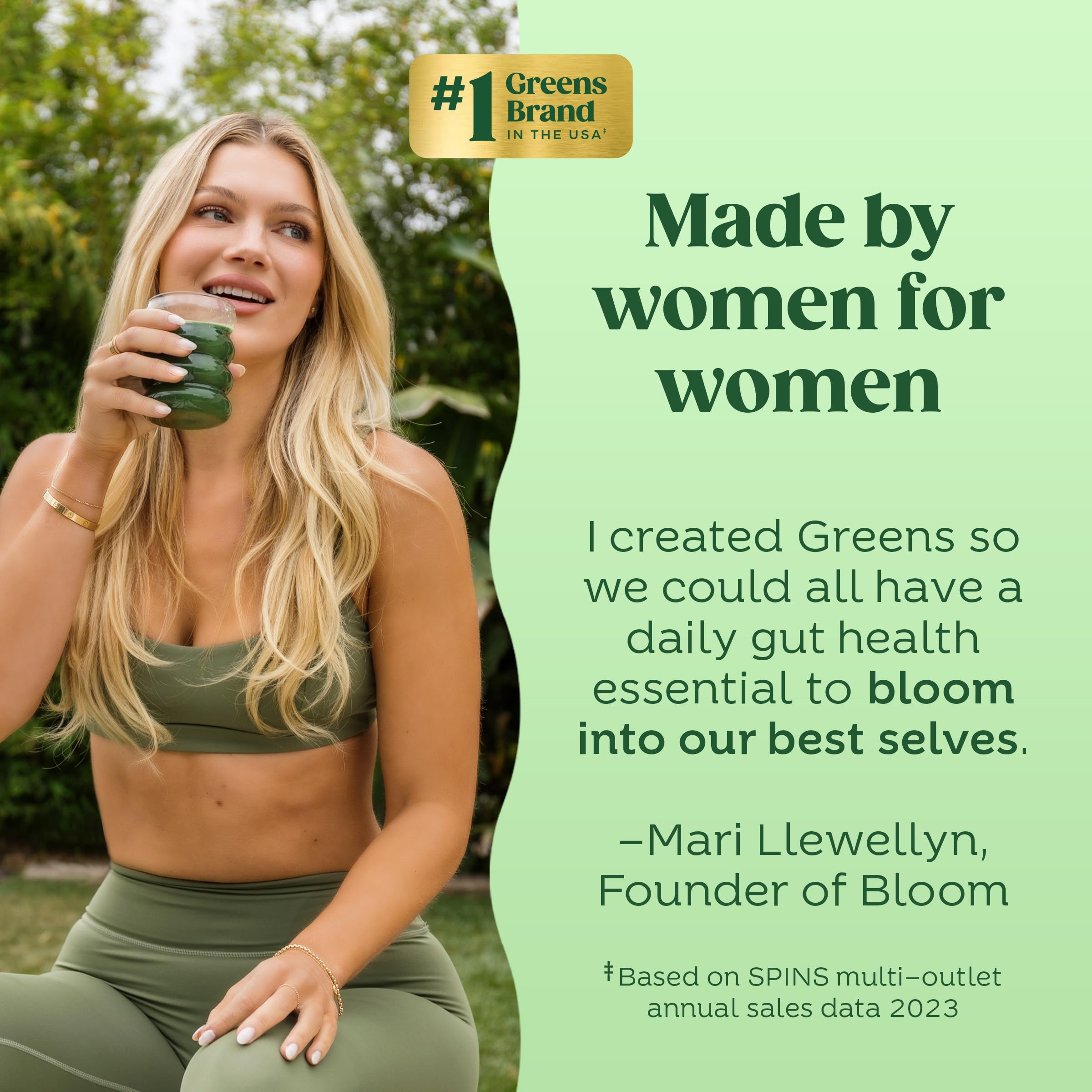 Bloom Nutrition tub shown with greens ingredients highlighting a wholesome profile