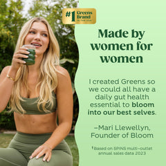 Bloom Nutrition tub shown with greens ingredients highlighting a wholesome profile