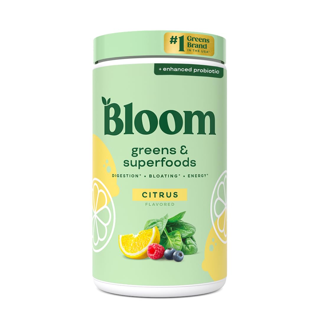 Bloom Nutrition Greens Powder tub showing 30+ ingredients for daily wellness