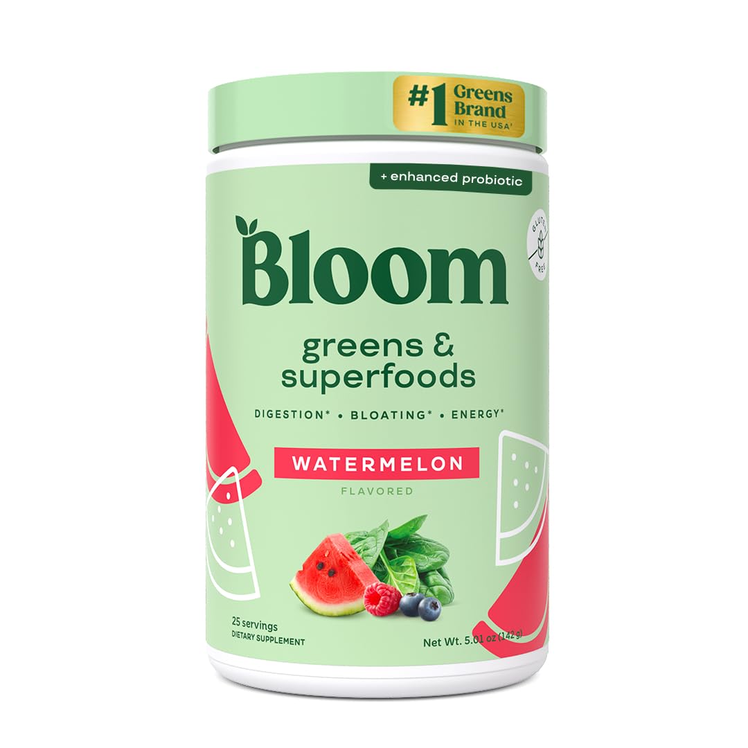 Bloom Nutrition Greens Powder, watermelon flavor, supports daily energy and digestion.