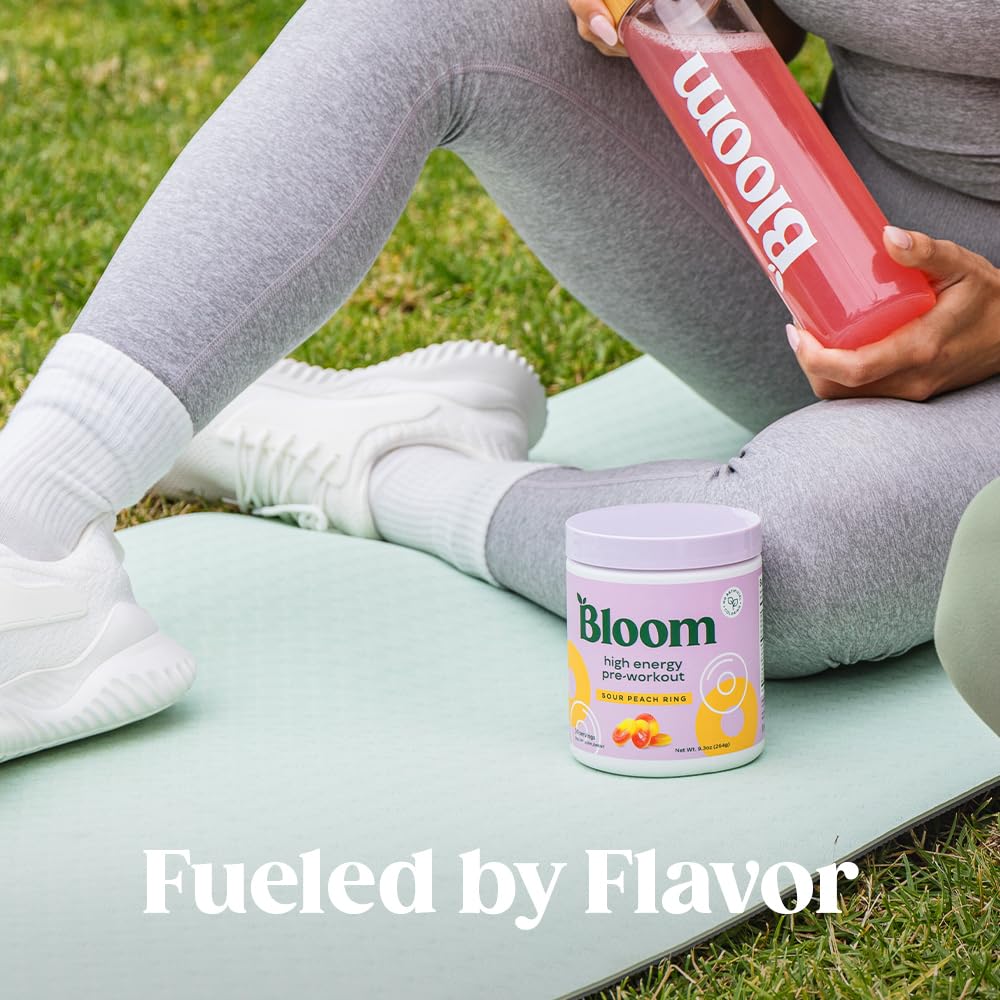 Bloom Nutrition High Energy Pre Workout powder scoop image highlights no artificial colors and sugar-free promise
