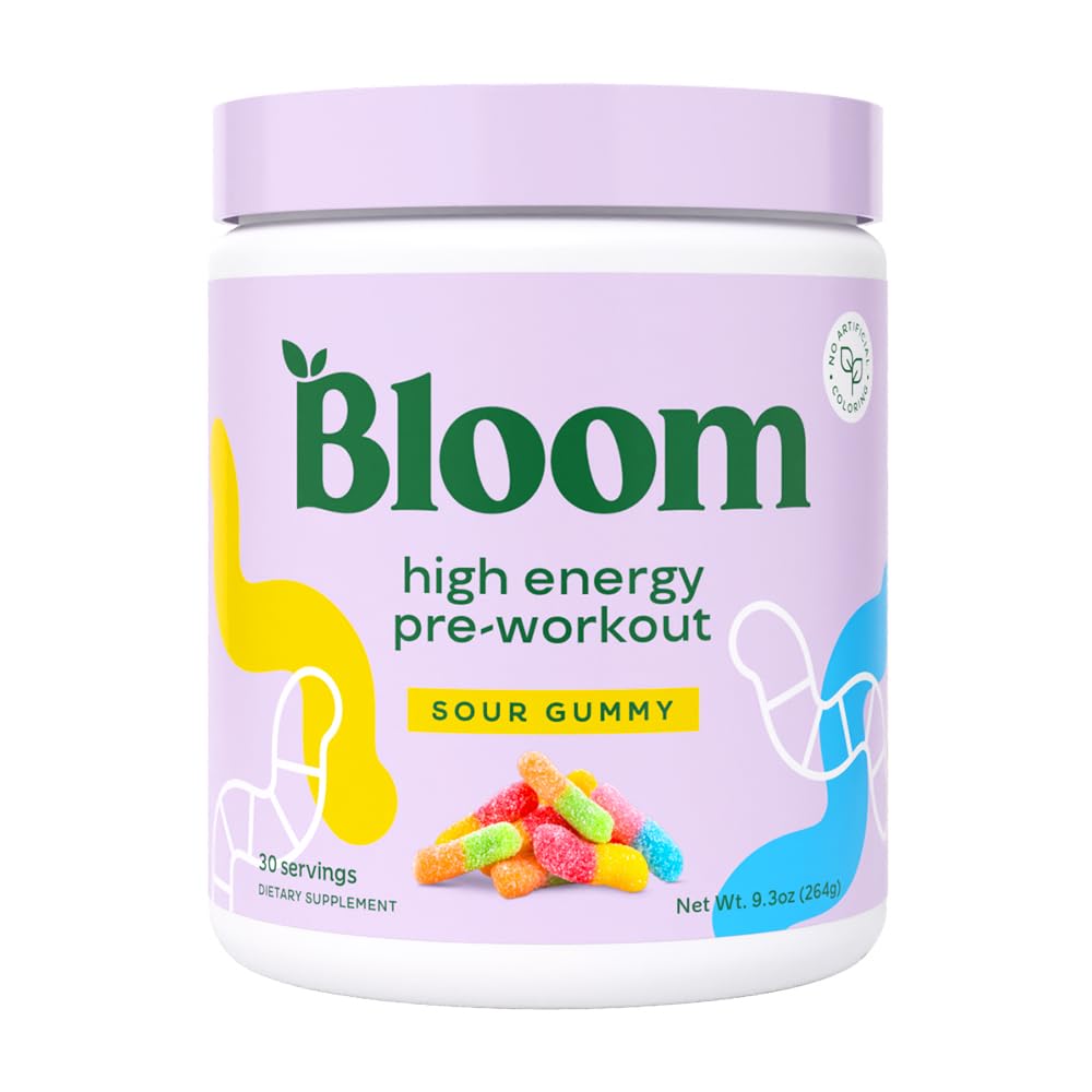 Bloom Nutrition high energy pre workout powder tub open for sustained focus during workouts