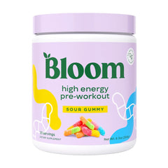 Bloom Nutrition high energy pre workout powder tub open for sustained focus during workouts