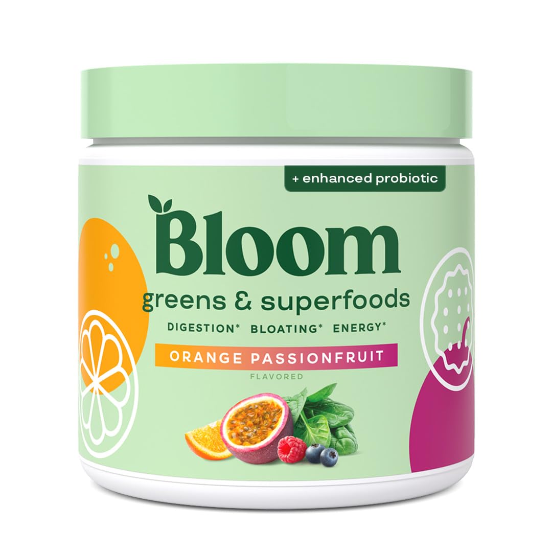 Bloom Nutrition greens powder bottle highlighting daily gut-friendly greens.