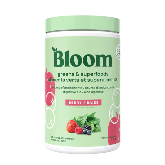 Bloom Nutrition greens powder scoop with berries for daily nutrition