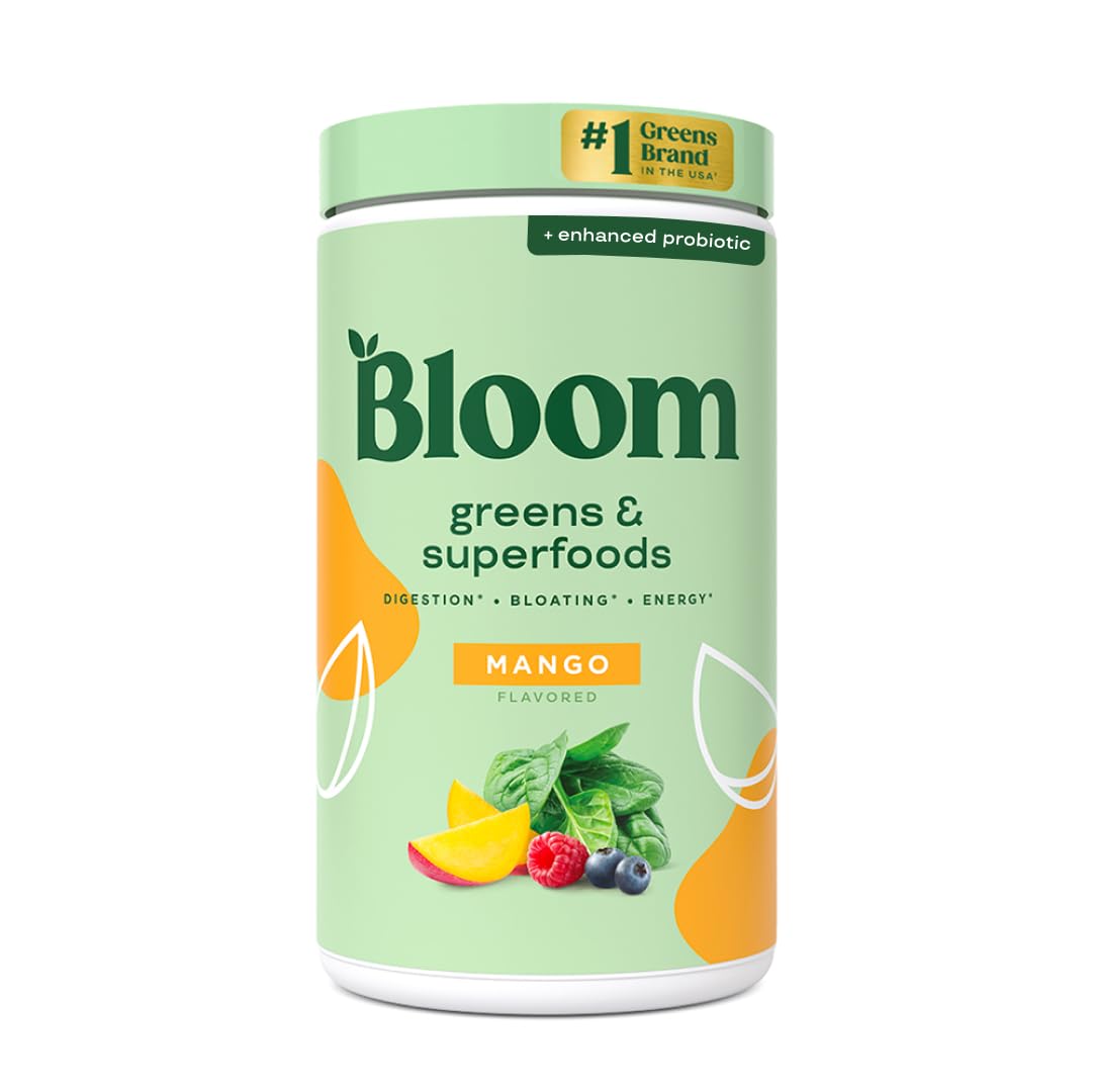 Bloom Nutrition Greens Powder tub front for easy daily greens and balanced wellness.