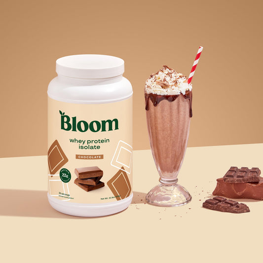 Bloom Nutrition Whey Isolate chocolate scoop with powder for easy absorption