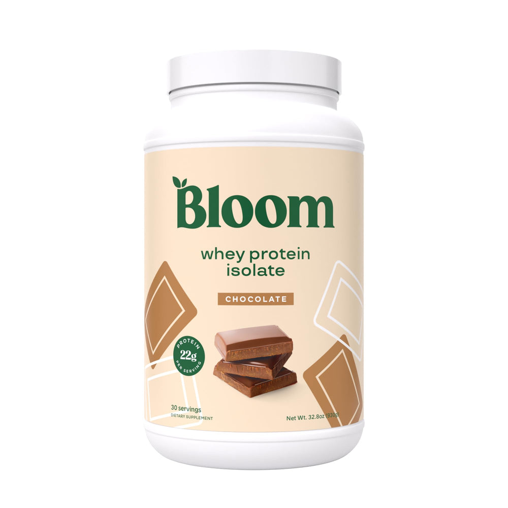 Bloom Nutrition Whey Isolate Chocolate tub highlighting high-quality protein for recovery